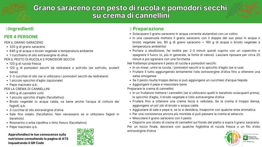 Grano saraceno con pesto di rucola e pomodori secchi su crema di cannellini